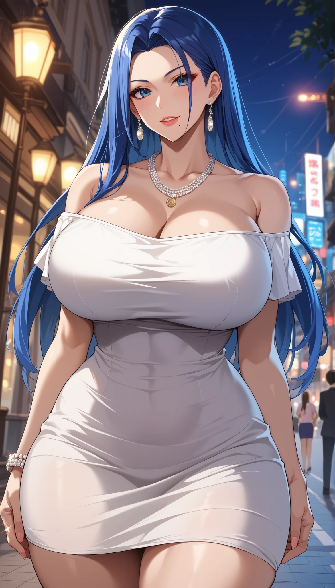 (anime artwork, anime style, studio anime, very detailed, Latest, lively, anime coloring book, high contrast, masterpiece:1.2, highest quality, best aesthetics), sweater dress, No sleeve, turtleneck, night, street, Are standing, cowboy shot,((Sweat all over、side boob))、Fulbode
、big breasts, Thighs glimpsed, blue hair, long straight hair, asymmetrical bangs, perfect proportions, high detail skin, cute, detailed face, on the stairs, sitting, low angle shot:1.2, (precise fingertips, Browse 4, Thumb 1),angry face