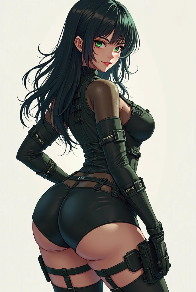 Masterpiece, Superior image quality, high resolution, 4k image,photo and gross, photorealistic, whole body, distant view, 1 young man of 15 years, {{{vagina}}}, view from behind, perfect ass, big breasts, beautiful face, long black hair, black eyes, very detailed eyes, pink cheeks, serious expression, choker:1.6, (white collar button down long sleeve shirt), black gloves, gloves that cover hands, (holding a light crossbow in the right hand), (black leather corset), (shiny black miniskirt), Sensual Lips, show details in the eyes, dark forest path, evening, Atmosphere, fog