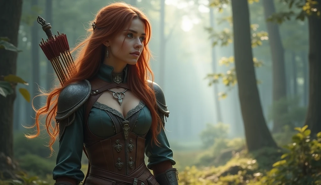 An elven woman with sharp features and pointed ears, dressed in leather armor with a very wide neckline revealing a more pronounced and voluptuous bust. The non-leather parts of her outfit are colored orange, creating a striking contrast. She stands confidently in a bustling medieval tavern, with a sword strapped to her back. The atmosphere is filled with smoke or mist, adding an air of mystery and tension. The background features various patrons, including other elves and adventurers, engaged in conversation and merriment under the warm glow of lanterns