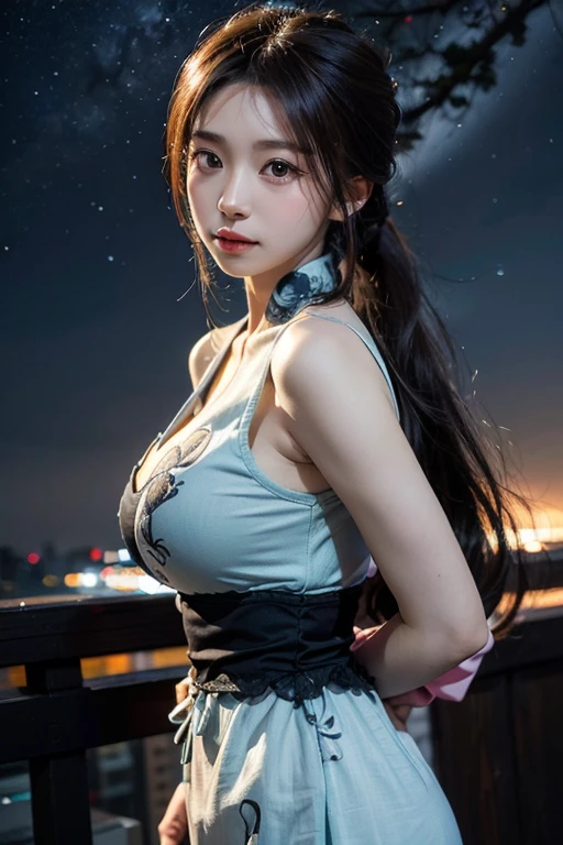 art depicts an attractive woman,flowing clothes、silky traditional oriental dress,Decorated with intricate patterns and bright colors。Her dress was gracefully draped over her curvaceous figure,Highlights her enchanting silhouette。She stood gracefully in the quiet moonlit night,illuminated by the soft moonlight。The scenery creates a fantastic and dream-like atmosphere.,For image styles、Incorporates watercolor and digital illustration techniques,Evoking sophisticated beauty and charm。The light is filled with soft moonlight,Casts soft highlights and shadows on her attractive features。