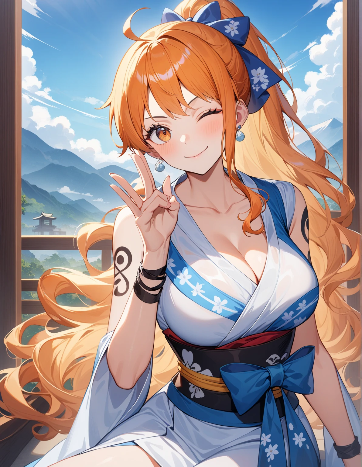Festival, (((Bold girl carrying a mikoshi))), headband, sash, happy, sweat, braided blonde hair, happy expression, masterpiece, look here, Ghibli style, cleavage