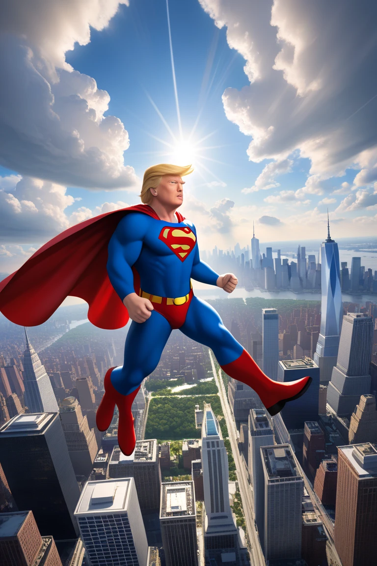What would Donald Trump look like in a superman T-shirt sitting on top of a building reading a book with a good quality image