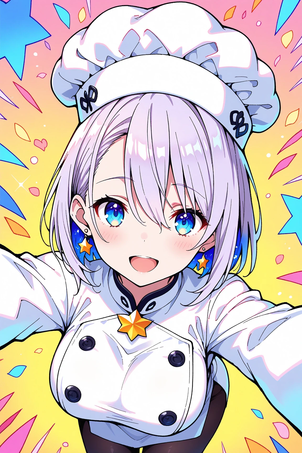 masterpiece, best quality, amazing quality, very aesthetic, absurdres, cute face, slender, detailed eyes, detailed hair,
BREAK 1 girl, blue eyes, (bob cut:1.1), (pale purple hair:1.1), hairs between eyes, (happy:0.9), (big breasts:0.8),
BREAK highly detailed beautiful white tone pastry chef costume, pastry chef hat, pantyhose, necklace, star-shaped pendant,
BREAK 🍰 kitchen, glass-fronted shop, Vibrant color saturation, colorful feathers, colorful confetti fluttering, sharp focus, looking at viewer, (close-up:1.1),
BREAK (masterpiece:1.2), (best quality:1.2), newest, (intricate details:1.2), ai-generated,