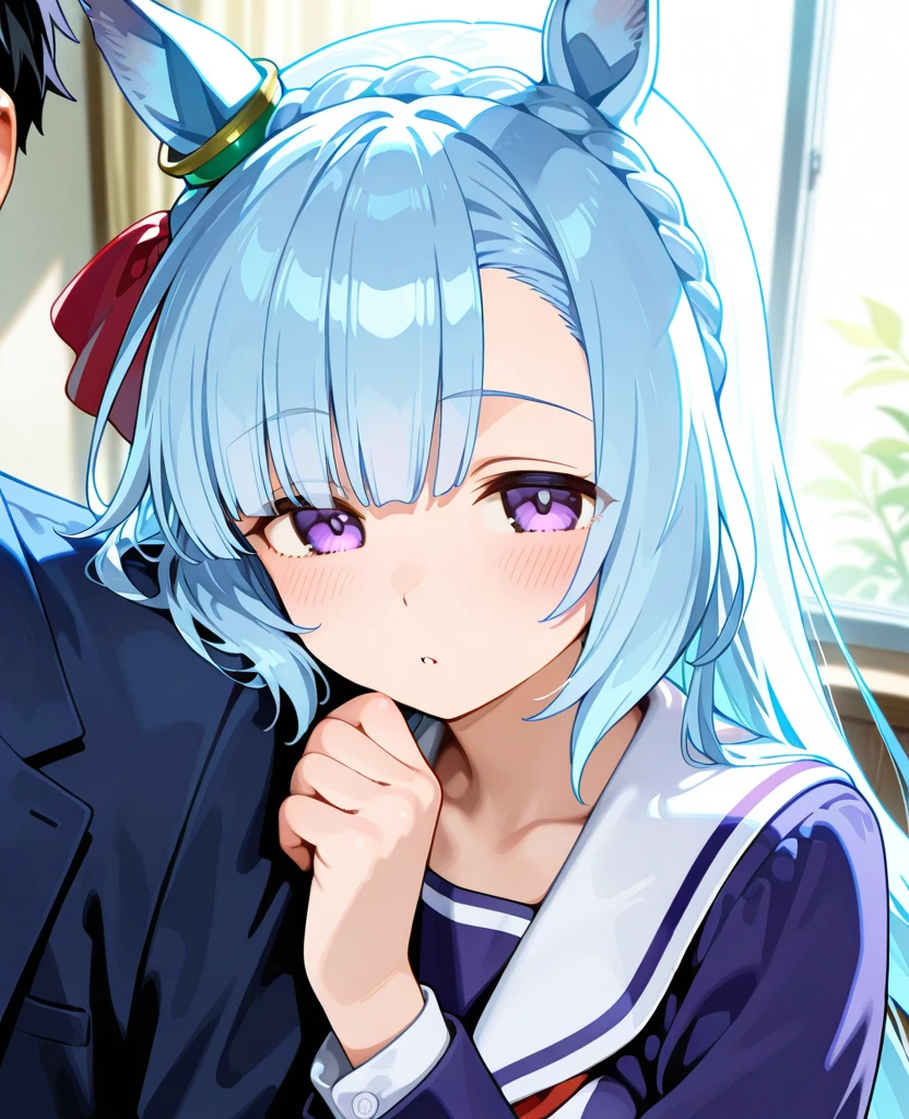 Obra maestra, Mejor calidad, 1 chico, 1 chica, bajo la mesa, fellatio, semen en la boca,pelo azul,agua de konosuba