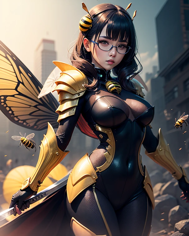 Una mujer abeja Una villana para RPG inspirada en una abeja Una mujer con los colores y los elementos, including the wings of a wasp bee A villain that represents the essence of a bee He is in a hive with a lot of magic and honey illustrating the image He wears glasses that symbolize the eyes of bees Colors of bees An art for RPG A character for RPG A villain RPG medieval RPG Art RPG fantasy RPG an illustration for RPG A digital art, Volador, cute girl's face, CGSoation Trends,