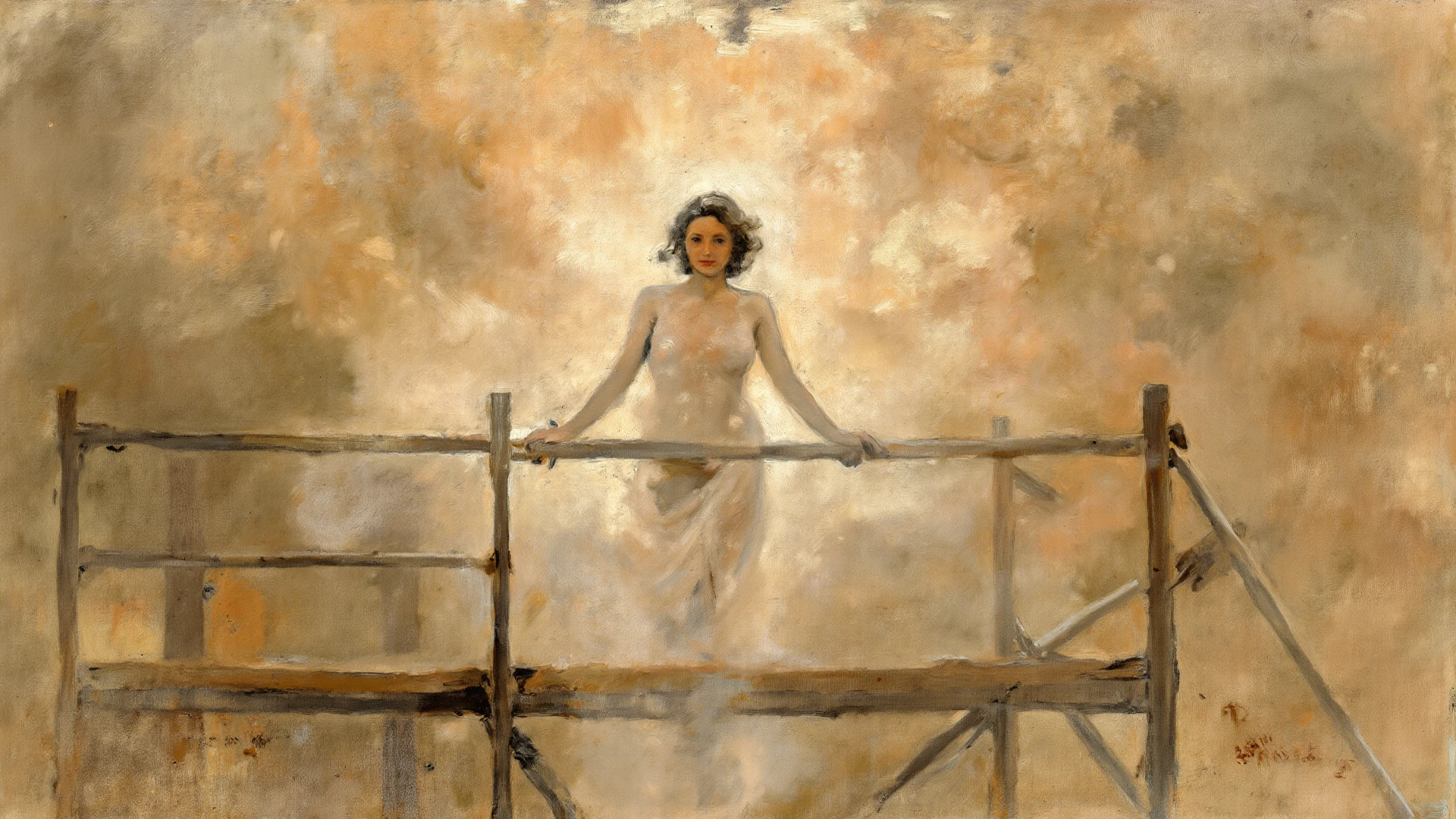 alone in the universe, Paint in watercolor style, Photorealism, discreet golden and ruby and mint shades, () gentle modest thin girl 16 yth a very beautiful exquisite face) with tender nipples with blo walking barefoot in the distance (around the southern town) early morning (along the houses)