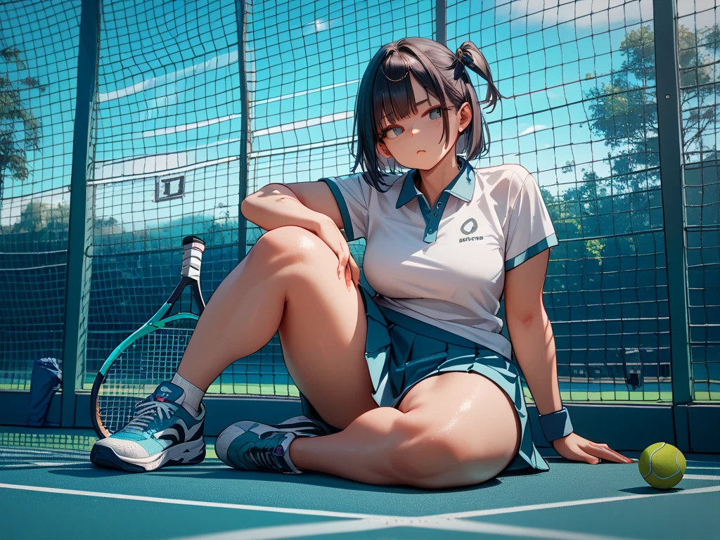 1girl in, Tennis Wear、White polo shirt, White pleated mini skirt, white panty、White Socks、White sneakerasterpaintings, best qualtiy, Photorealsitic, Ultra-detail, (shiny skins, perspired:1.4), looking at the spectator, With long black hair, black eyes,slender,dynamic light and shadow,hight resolution,Sharp Focus,depth of view,The eyes are delicate,Sharp pupils,pupil realistic,(skinny thigh:1.0),outside of house,Sky