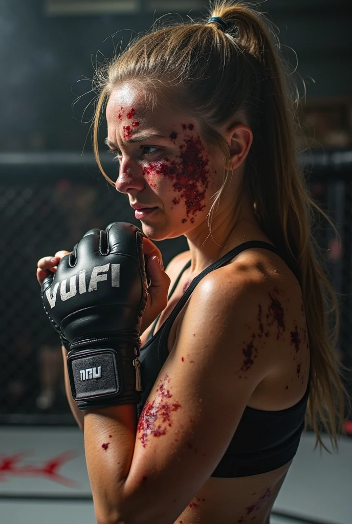 The fitness girl with eight abdominal muscles was beaten by a little girl，Kneeling on the ground，Visible abdominal muscles，Defeat and injury，Abdominal muscle swelling and bleeding，Covered in blood，Painful expression，Abdominal muscle injury，Full of scars，Bruising, redness and swelling