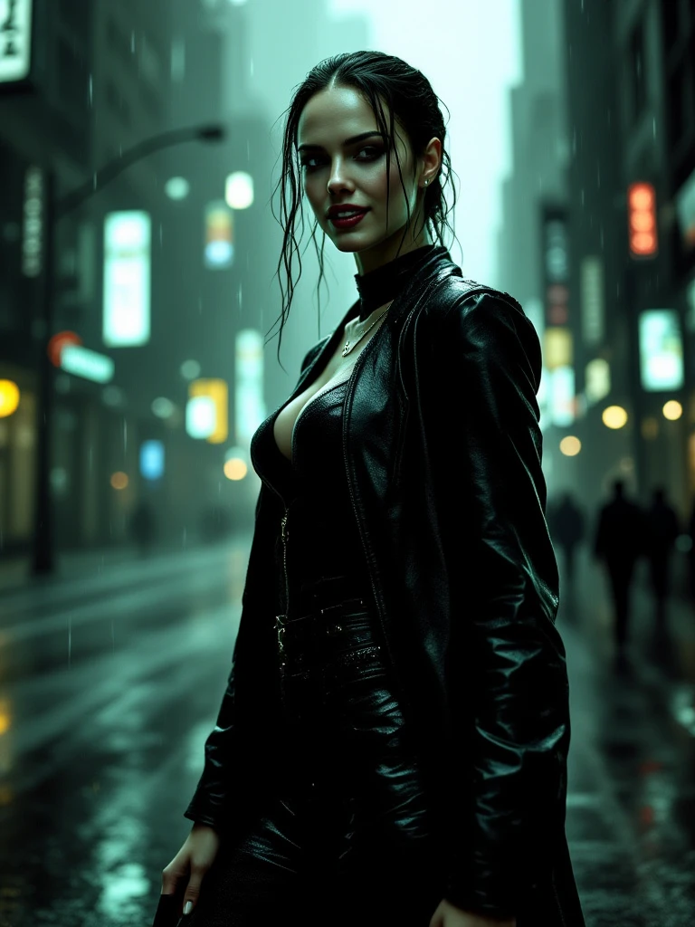 Imagine a scene where this female Joker, standing at the edge of a dark, rain-soaked Gotham City rooftop, surveys the chaotic streets below. The night is alive with the sounds of sirens, distant gunshots, and the low rumble of thunder. The city, usually her playground of chaos, now feels like it's holding its breath, waiting for her next move.
She's just finished a twisted game of cat-and-mouse with Gotham's elite, leaving a trail of destruction and confusion in her wake. Her purple suit jacket flutters slightly in the wind, revealing glimpses of the toned body beneath, accentuated by the barely-there bikini bottom. Despite the madness in her eyes, there’s a calculated sharpness to her every move.
She tilts her head back, letting the rain wash over her, smudging the heavy makeup even more, making her look like a beautiful specter, a vision of twisted perfection. The smeared red smile on her lips, the dark eyes that seem to bore into the soul of anyone who dares meet her gaze—she is the embodiment of chaos wrapped in an irresistible package.
Her next target? An unsuspecting billionaire attending a high-society gala across town, who has no idea that his fortune will soon fuel her next grand scheme. She knows her appearance alone will grant her entry; after all, no one ever suspects the beautiful ones.
She pulls out a small, jagged knife from her jacket pocket, twirling it in her fingers with ease. The blade catches a flash of lightning, reflecting the gleam in her eyes. With a final glance at the city she owns through fear, she whispers to herself, "Let's put a smile on that face."
In an instant, she disappears into the shadows, her laughter echoing through the night—a sound that’s as beautiful as it is terrifying, promising Gotham a night it won’t soon forget.