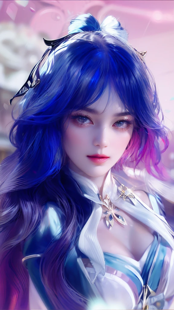 extremely detailed CG,UHD wallpaper, Extreme details,(realistic:1.2),(((best quality))), ((ultra-detailed)), (cute detailed face:1.2), {{highly detailed face}},beautiful and aesthetic,1girl,(masterpiece:1.4),glowing skin,strong rim light,dramatic shadows, intense shadows, SIGMA 35mm F1.4, ISO 200 Shutter Speed 2000,Photorealism,{photorealistic}, photogenic,Illustration, Girl, detailed manga illustration, finely detailed,HIGH RES,Stunning art,{{intricate detail}},(((beautiful detailed lighting))),beautiful detailed colorful eyes, dynamic fuzziness, intricate light, detailed clothes, rouge,full-length photograph,cyberpunk,Cyborg,sci-fi,city,cyberpunk busy city street,airship,fluorescence,
hair up,hair over one eye,iridescent color hair,blue hair,purple eyes,raised eyebrow,school uniform,hair ornament,
