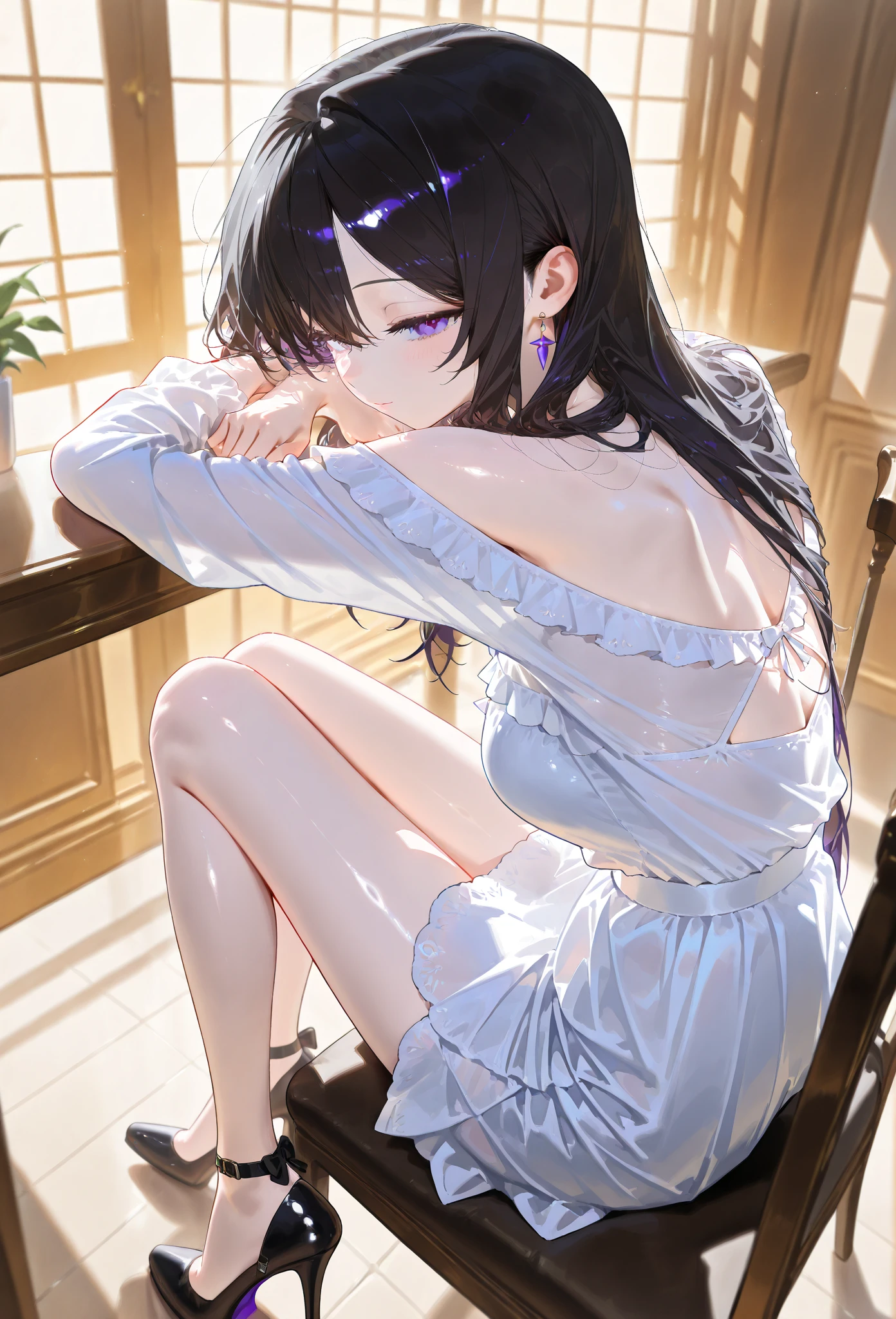 A girl with fair skin, she has dark brown hair tied up in a ponytail. She has a flower woven into her hair, at first it was purple, but after the founding of The Shining, it turned blue. He has expressive brown eyes
Naked with an open chest sitting on the couch