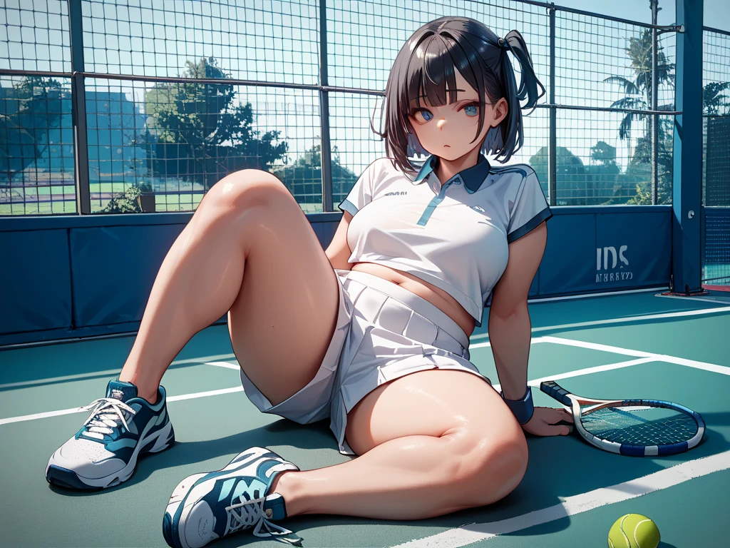 high resolution, best quality, masterpiece, ultra high quality, ultra detail, ultra realistic, 3D, anime, illustration, fantasy, solo, ((beauty woman in tennis court short skirt)), squatting and touching hair, (looking at camera), (background blur))), white sneakers, bare feet, (cotton underwear), large breasts, frontal shooting,