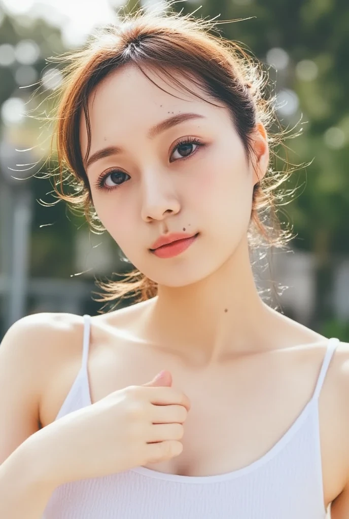 masterpiece, 最  high quality ,   超 high quality ,   high quality ,  is present, photo  is present,,  natural light,(  cinematic light on the  :1.4),  RAW photo,   very detailed,   intricate and detailed  ,  perfect ,   Fujifilm XT3 , break 1girl, Japanese ,,(  bun hair :1.2), ( I'm slouching and leaning forward :1.4),(smile),(  blanking :1.3),,(  camisole :1.6),( 【 focus on the upper body), (Staring at the floor),(    sideways ),(   look at other things  :1.4),( pale colored  ), break (  detailed facial skin pores :1.5),( indoor),(  shopping cart ),(   products on supermarket shelves  ), (  intermediate shot ), ,   from before  ,   is standing,Large protruding  、 enhancement