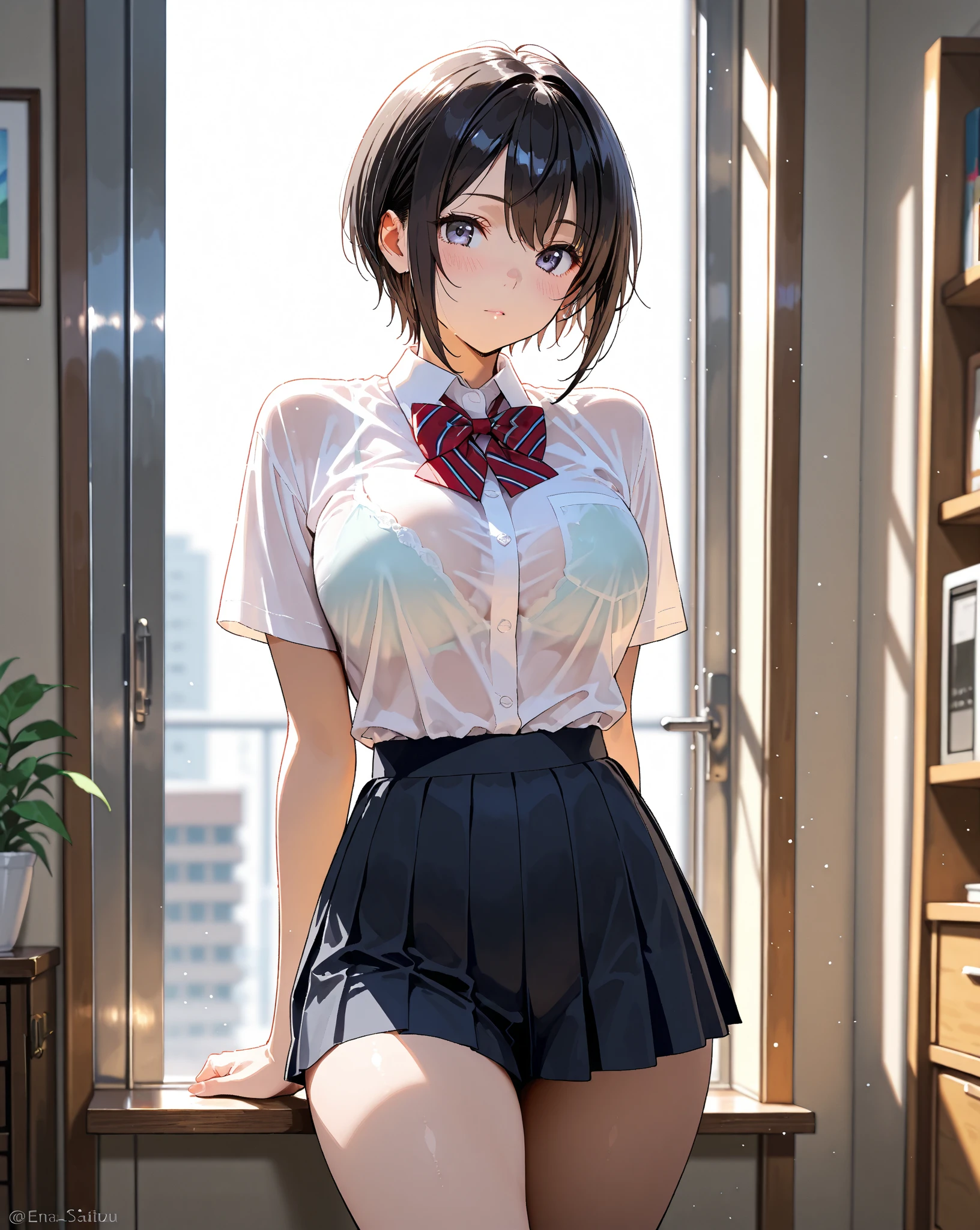 (masterpiece, highest quality, super detailed) (1boy and 1girl:1.5), (sumika), shota, 1boy, 1girl, breasts, hetero, solo focus,, pov (slim:1.7), short hair, black hair, (big breasts:1.5), raised, Wet , Sweat, beautiful face, (Big eyes:1.5), cute, fog, (school uniform:0.6), (white shits:1.4), (Pleated skirt:1.4) (from side:1.5), JP SCHOOL UNIFORM, bra showing through clothes, pink bra, JS_ShortSkirt, (micro mini skirt)