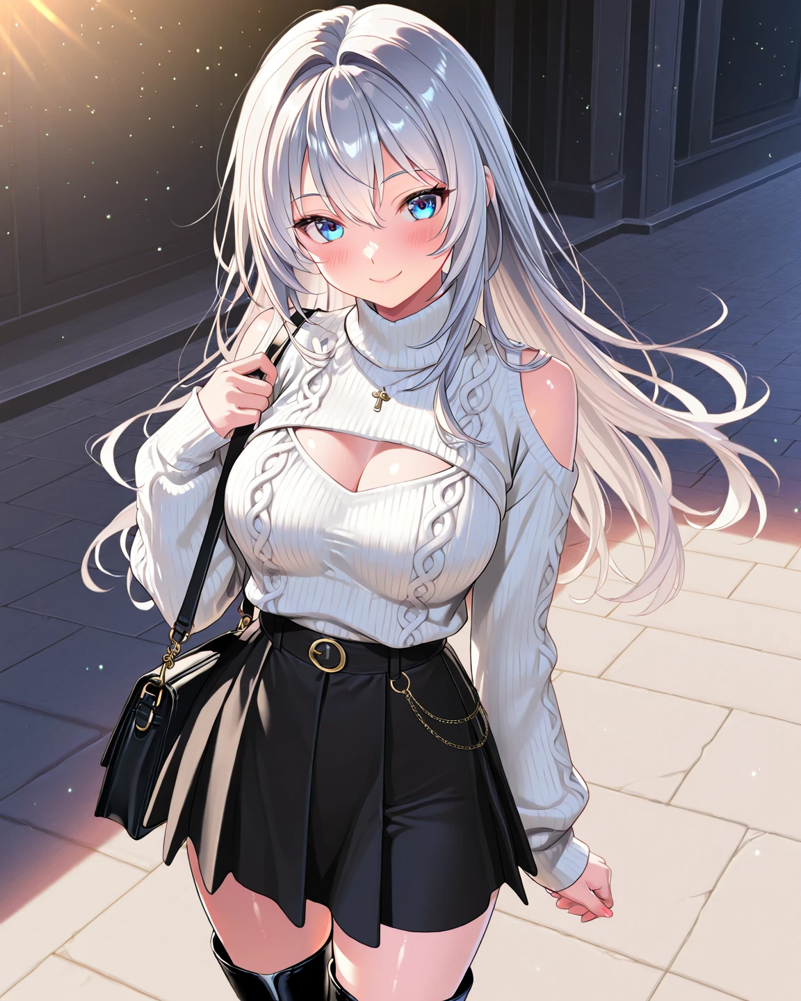 ((masterpiece)),(best quality),(ultra detailed),(highes), (insanely detailed),
Highest image quality、super detailed、8K、high quality image quality、 anime image quality、soft lighting、Vivid Colors、Glossy skin、detailed skin texture、silver hair long hair、Shoe Details 、big :1.2、

Parks、white knit、black knee-length skirt、black short boots、((The shoulder bag string hangs on the knit above the chest))、Paisura、is blushing、Particles of Light、I'm folding my hands behind my back:1.miling、cowboy shot in the background、high angle、