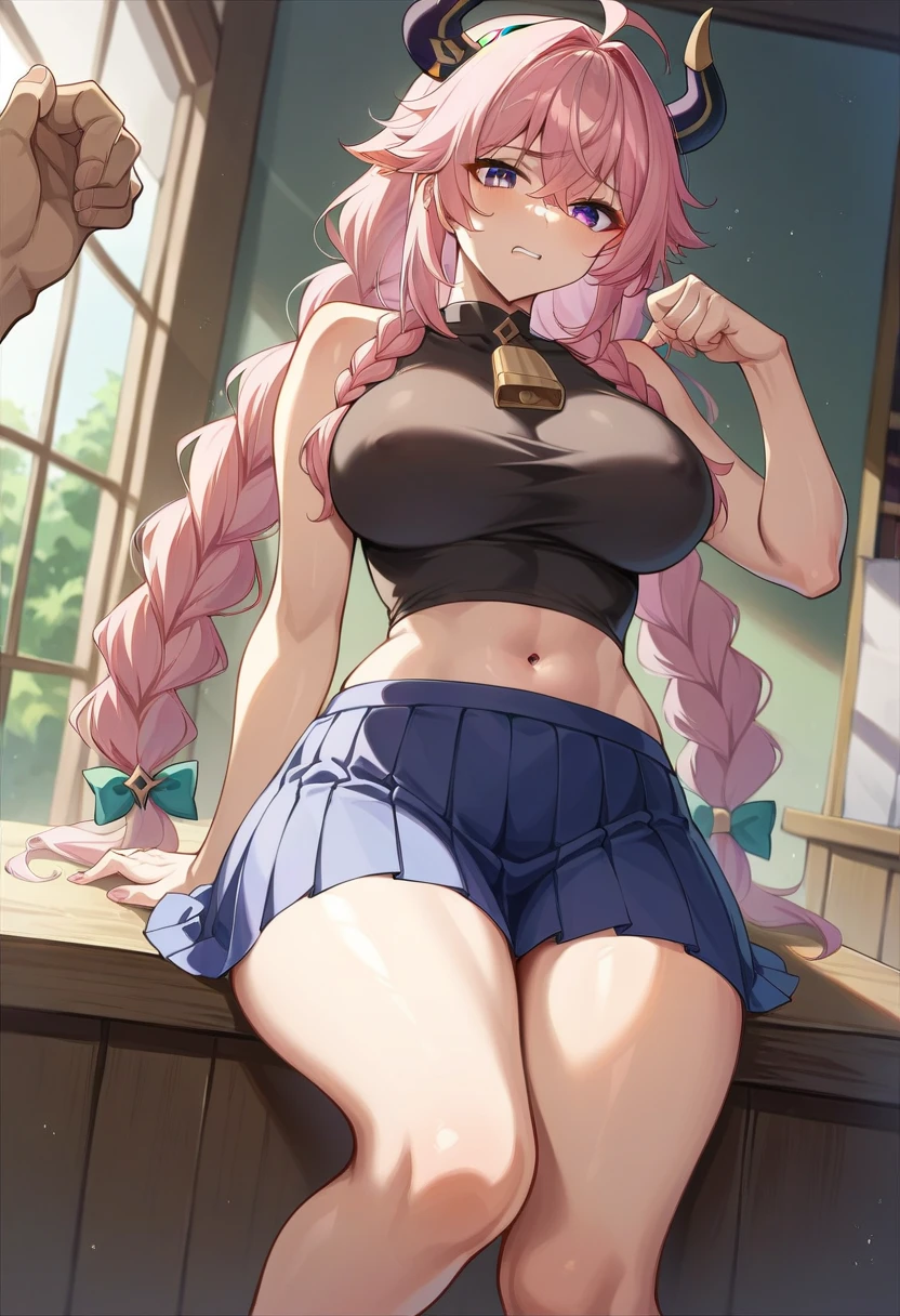 (masterpiece、highest quality、Super detailed)、((One girl))、((Pink Hair))、((Twin tails))、((Light blue eyes))、evil smile、((Grin))、((Sweat))、Earrings、((Very large breasts))、((cheerleader))、No sleeve、belly button、((miniskirt))、((white baggy socks:1.3))、sitting, knees up、Shoot from below、Gym storeroom