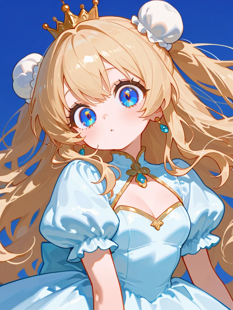 1womanl,Golden head hair,ar old Impatient expression)),Beautiful breasts,(((Sexy magical girl white and blue high-leg bodysuit)))(())(((Blushing cheeks、Surprised look)),((())),((( portlate))),Blue eyes,(((Bangs are aligned)))()Street,Crowds(magical girl hair ornament)