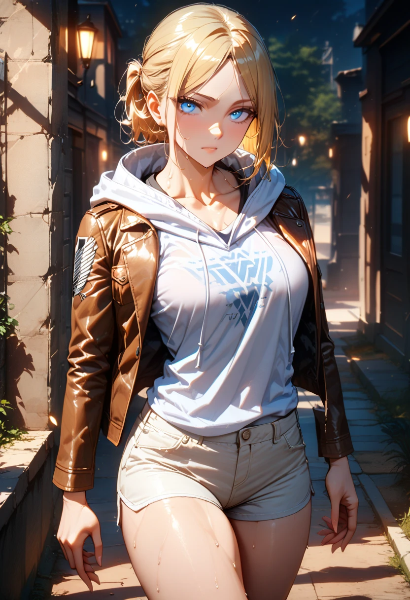(masterpiece:1.5),(best quality:1.5),(high resolution:1.5),(8k:1.5),(perfect face:1.5),(beautiful detailed eyes:1.5),(Cowboy Shot:1.5) ,(extremely detailed face:1.5),(perfect lighting:1.5),(extremely detailed CG:1.5), (perfect hands:1.5),(perfect anatomy:1.5),,(perfect body:1.5),(perfect hands:1.5),(perfect fingers:1.5),(full body:1.5),,(1woman:1.3),(megami magazine:1.23),pale skin,(large breasts:1.2)(large ass:1.1),(hood t-shirt short:1.3),(Brown Leather jacket:1.3),( Denim shorts:1.3) (blonde single bun hair:1.2),(blue eyes:1.2),(sexy look:1.3),(cameltoe:1.2),lying,(outside:1.3),(sweat:1.1),(fight pose:1.2),(Beautifully tied hair:1.3),(see through:1.3),(Titan Formation:1.3),