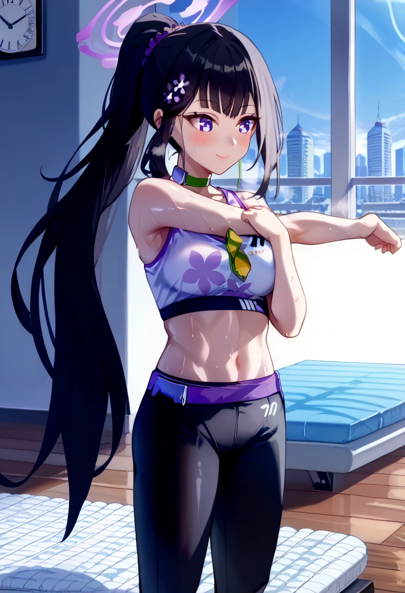 masterpiece、highest quality、High resolution、Very detailed、Medium wide shot、Girl、Tank top、Shorts、belly button、Professional wrestler、Women's Pro Wrestling、Fighting、V-shaped eyebrows、Sweating profusely、Sweat flying、