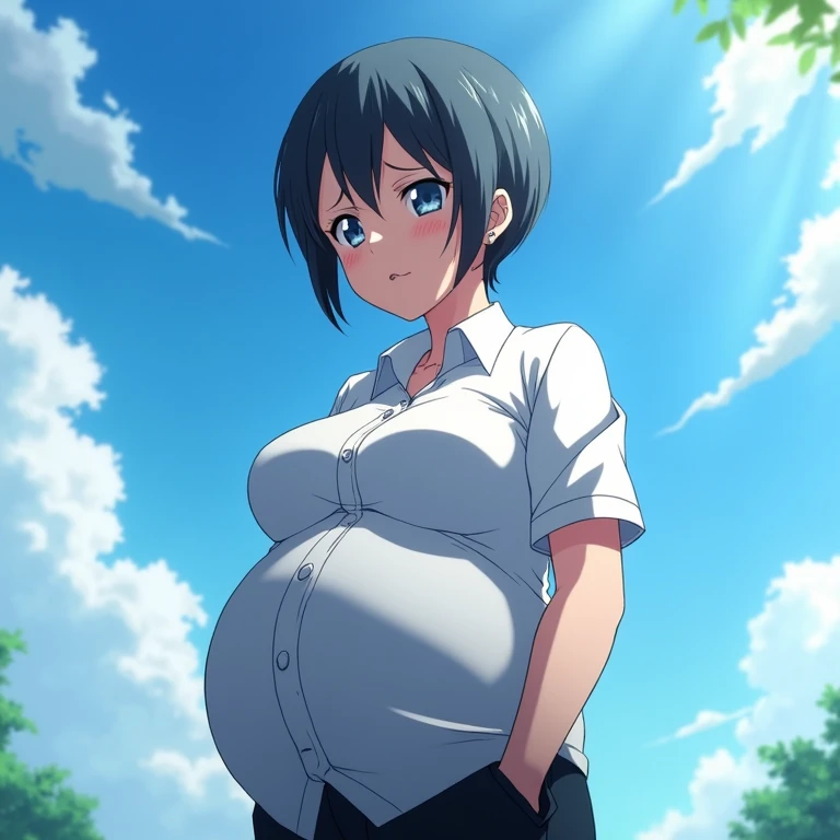 16 year old girl,clear skin ,blue eyes,Dark blue hair with a white streak,very short, disheveled, somewhat masculine hair,rebel,with tight clothes and a sweater, pregnant,calm look,full body pose.Boku no hero academia style