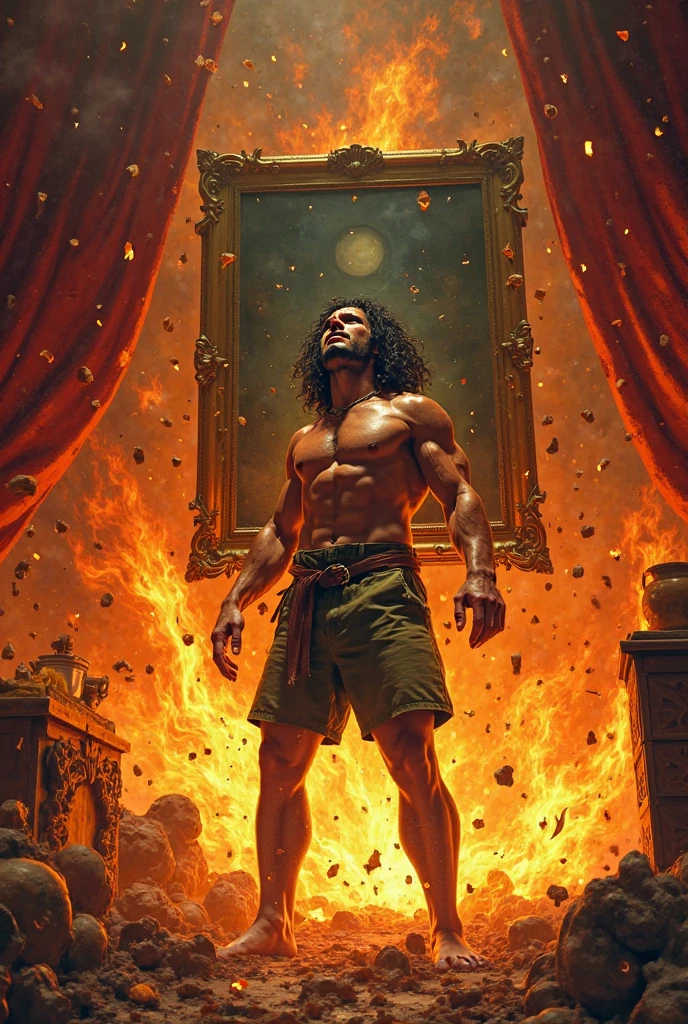 Relaxing on a fiery throne, the god of fire, a handsome tribal man with black hair, exudes power with intense glowing eyes and tribal tattoos. His pose is majestic, bathed in dramatic cinematic lighting, creating an atmosphere of divine authority. Large pectorals, open legs