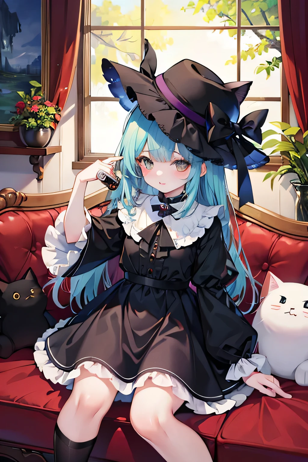🎶, (🧙♀️), ✡, ✨(black hat), , Alice in Wonderland, Alone, very beautiful, cute, adorable, embarrassed, alone, blue eyes, white skin、look at viewer、looking up,kawaiitech, pastel colors, kawaii, cute colors,Alice in Wonderland, alone, very beautiful, cute, adorable, embarrassed, alone, blue eyes, white skin,skirtlift