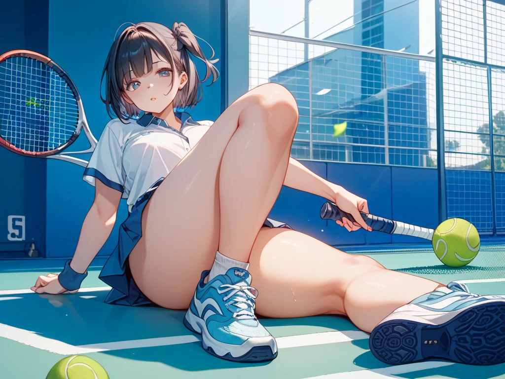 Please draw an illustration of a woman holding a tennis racket while taking a break between matches.。Woman sitting on a bench、She looks relaxed as she wipes away her sweat with a towel.。In the background is a green lawn and a tennis net.。