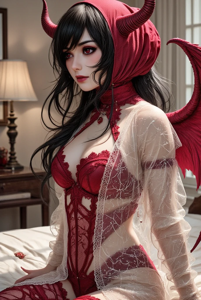 ultra detailed 8k cg, 1 girl, large breasts, wine red dress, devil, evil, looking at viewer, sexy, demon wings, (Silk Mage Robe), sitting on the throne, dynamic view, View from bottom up,