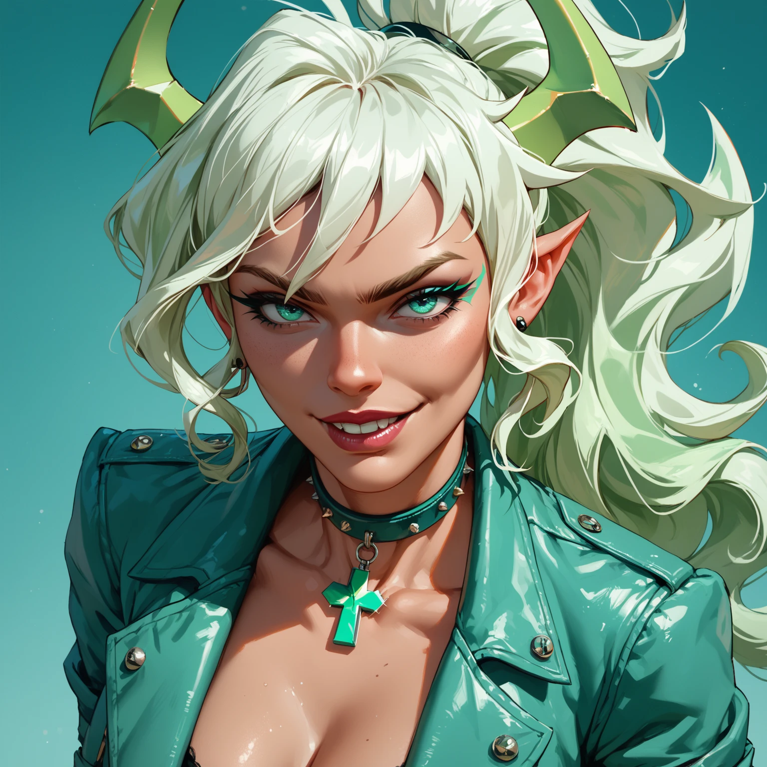 (masterpiece, high_quality:1.4), comics style, color explosion, portrait, medium chest, long emerald colored hair with teal highlights, blue eyes, black lips, smiling deviously, laughing maniacally, in the garden, detailed background