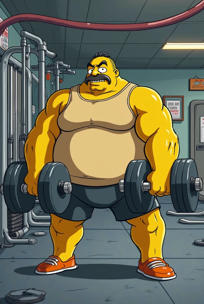 One Man,((Muscular man)),((A man with orange skin is posing)),(Skinhead man),bodybuilding:1.5,(Bulbous Nose),(Front view)