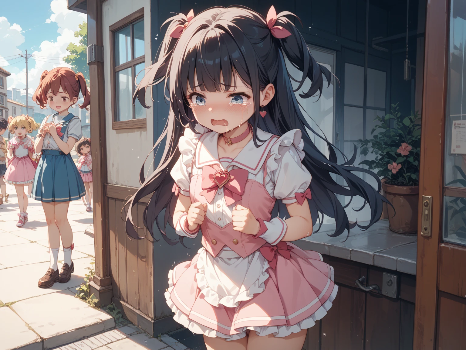 masterpiece, Highest quality, Nico_Yazawa,High resolution, 1 Girl, alone, Brown Hair, short hair, Twin tails、Purple eyes, Cowboy Shot, Frill dress, , Pink Dress, ()、(Beautiful thighs)、city, Outdoor, garden, Carrying a red backpack, (randoseru backpack:1.2) Sweaty、Thick thighs、Highest quality、4K、1girl, 8years ocute, grin, ro Skirt、Striped underwear、In the city、Many passersby are surrounding the girl.、、Thick thighs、Ahegao、Men holding their penises and surroundins、Semen from the penis、Bukkakeake、(Bukkake)prile cuob