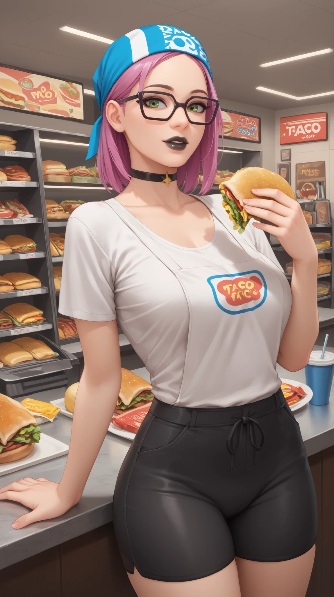 nsfw, masterpiece, 1 girl, erect nipples, intricately detailed, topless, navel, denim hotpants, bare shoulders, necklace, interior, dj, headset, baseball cap, citypop, erect nipples, puffy nipples, extremely detailed, photorealistic, octane render, 8 k, unreal engine, bare breasts, nipples, bare stomach, sweaty, people on background, moist breath, small breasts, flat chests, child, smiling, leaning forward, collarbone, wet body, pink hair, ray of lights, nipple-piercing, fast food counter, nipple chain