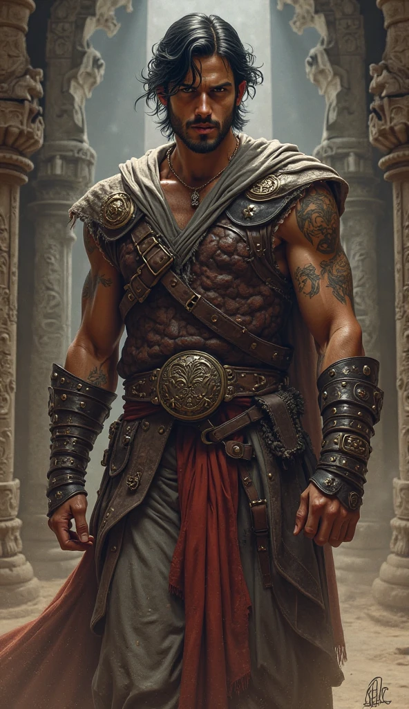 RAW photo, photography, photorealistic, Bold RAW photo of a man in ancient armor , on a city ruins. he has an intense look, detailed skin, (with highly detailed tattoos:1.1), finely eyes. The shot is taken on a professional camera with a shallow depth of field, creating a natural and raw feel. The lighting is soft and adds to the mysterious atmosphere of the scene. The image is highly detailed, cinematic