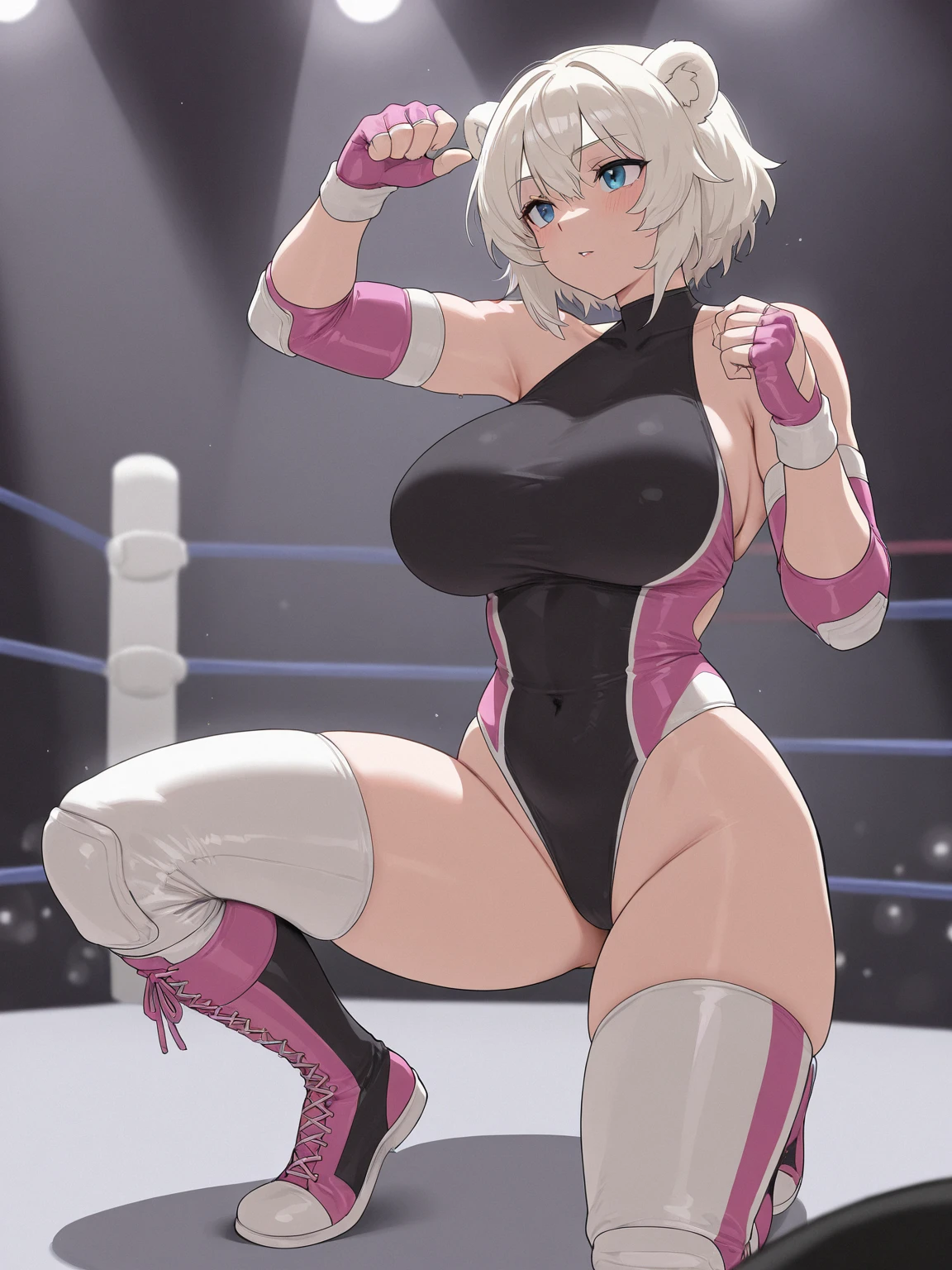 (absurdres, best high quality image, carefuly detailed features and textures, very detailed image) female wrestling, solo character with multiple views
Elf queen 1.000 years old mature adult milf: beautiful face, sexy feminine and sexy features, beautiful light blue eyes, voluptuous body, big breasts, huge butt, beautiful legs, golden long hair, golden eyebrows, (white one-piece wrestler leotard, white knee pads, white middle finger sleeves and white gloves, white elbow pads, cleavage).
Dancing sexy and provocative and shacking her booty, seductive smile, seductive face,
Training gym wrestling ring.