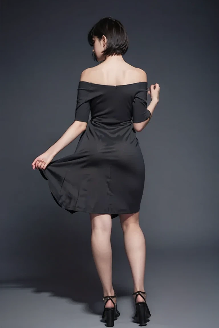 Close-up of a woman in a short black dress,bob-cut hair,beautiful and seductive,Wearing black silk,White blouses,red heels,