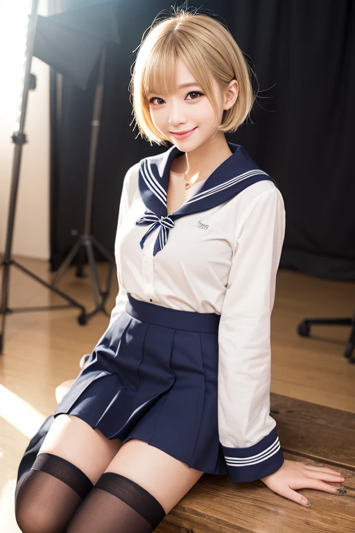 Chubby fair-skinned blonde  lifting her skirt, blue panties, navy blue socks, White shirt, provocative look, full body and face