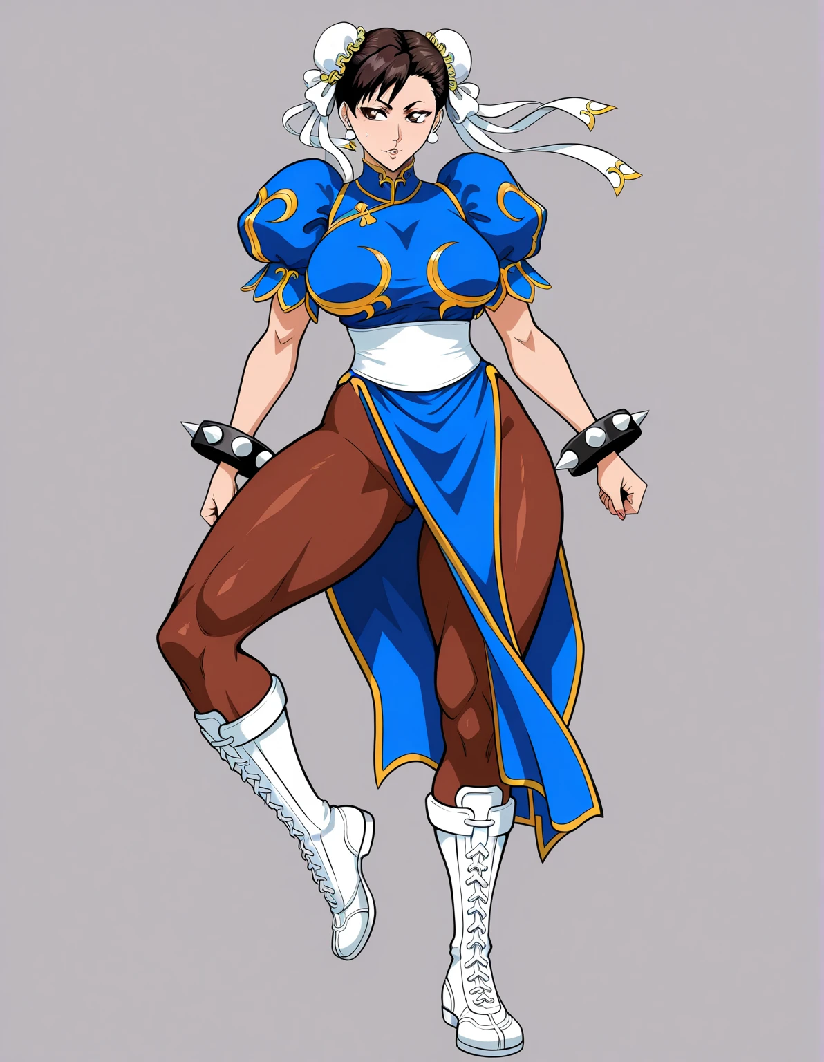in kinu-sensei artstyle, Kinu Nishimura style, muted pastel colors, medium breasts, Chun-Li, Chun-Li, the iconic character from the Street Fighter video game series, stands at the forefront of the composition. Her dynamic pose suggests imminent action—a leap or a powerful kick. Here’s a breakdown of the details: Character Description: Chun-Li: A strong, agile fighter, Chun-Li is instantly recognizable by her signature blue qipao (a traditional Chinese dress) with golden accents. She embodies grace and power. Costume: Her qipao features slits on both sides, allowing of movement. The fabric flows around her as she prepares for combat. Footwear: White boots with similar side slits complete her ensemble, emphasizing practicality and style. Hairstyle: Chun-Li’s hair is styled in “ox horns,” two high buns adorned with white ribbons. Golden hairpieces resemble spiked bracelets, adding flair.