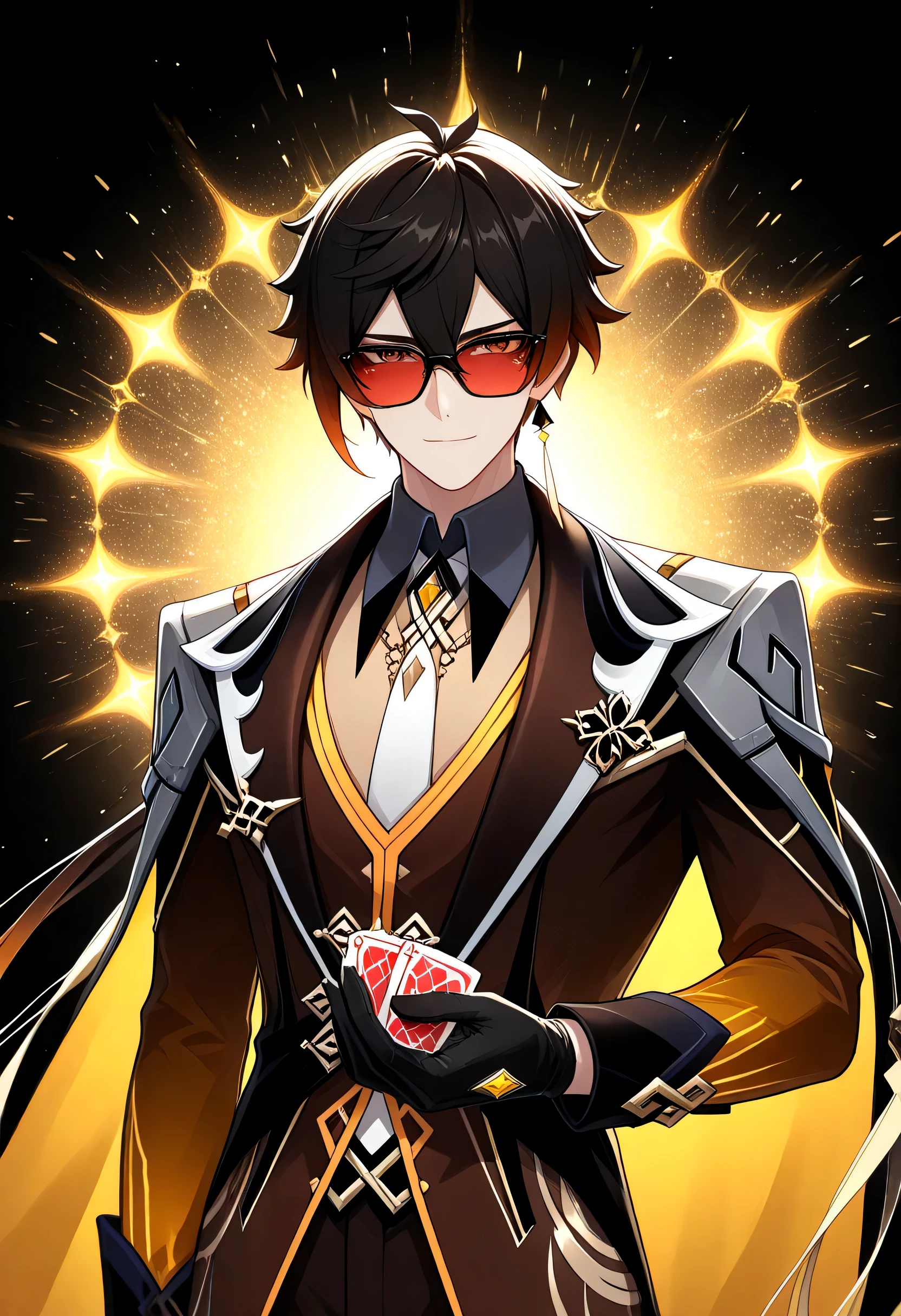 Man Model, Wearing brown formal dress, Black hair with black hightail, long short hair on the far side head, Songli character, geshin impact, Fashion set, Boss of spy organization, Peaky blinders costume, brown suit, ornamentation, brown eyes mixed with sparkling amber, wearing fashionable sunglasses, Red glasses lens, Right hand holding poker cards, arrogant, masterpieces, Shiny suit, , glittering background, black background, Best Quality, top body model, perfect hand, good hand.