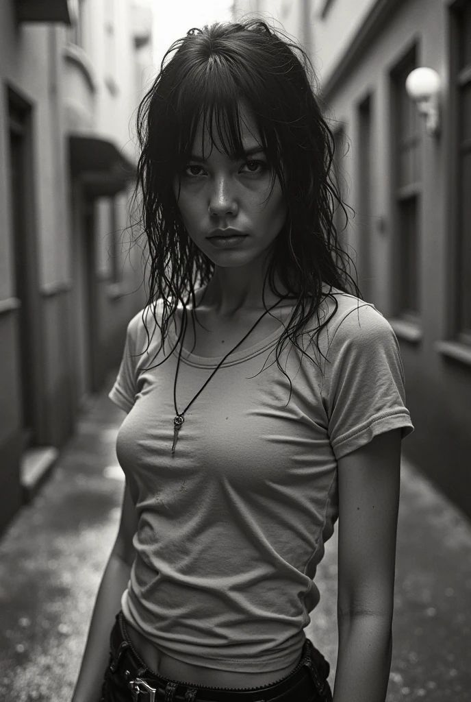 best image quality, masterpiece, super high resolution, (fidelity:1.4), photo, 1 girl, white shirt, torn jeans, white sneakers, dim, darkness, despair, pity, poor, movie, tears, teardrops, (torn clothes:1.5), (wet clothes:1.4), bare shoulders, real rain, wet hair,..