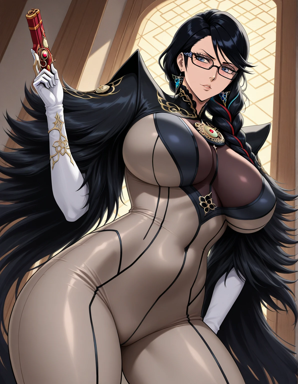 (masterpiece, best quality, ultra detailed, absurdres:1.5), 1girl, (sexy, beautiful woman, perfect face, perfect eyes, perfect female body, large breasts:1.5), (cereza, bayonetta, mole under mouth, glasses, weapon, mole, braid, gun, black hair, red hair, twin braids, gloves, multicolored hair, jewelry, streaked hair, long hair, earrings, clothing cutout, ), (standing, indoors, cathedral), perfect lighting, smooth, hdr
