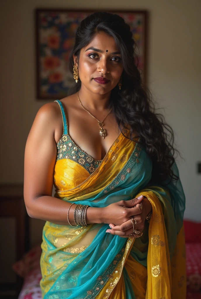 An indian woman of age 30 witb 34 size breasts and big ass removing her saree.