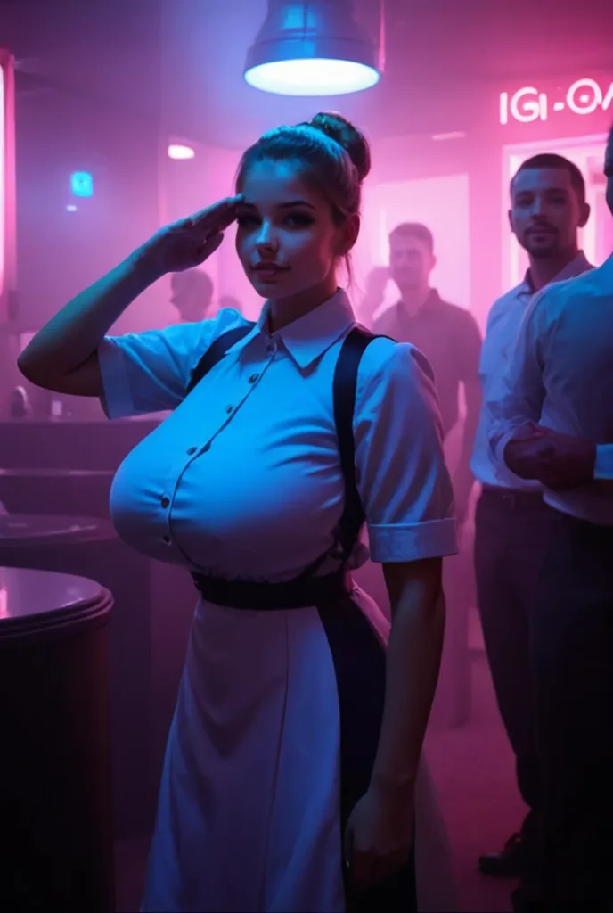 (masterpiece), best quality, (((nude naked teen girl who holds a tray of drinks))), girl has medium breast and nipple and vagina and short chignon hair and earring and bowtie and white gloves and black stockings and bowtie and white gloves and black stockings, restaurant setting, crowd of men in school uniform in background , crowd of men in school uniform in background, crowd of men in school uniform in background, crowd of men in school uniform in background, crowd of men in school uniform in background,