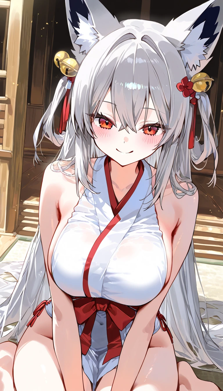 red hakama, undone clothing, white kimono, shrine maiden outfit, cleavage, small breast, clavicle, Off Shoulder, long white hair, hands on breasts,