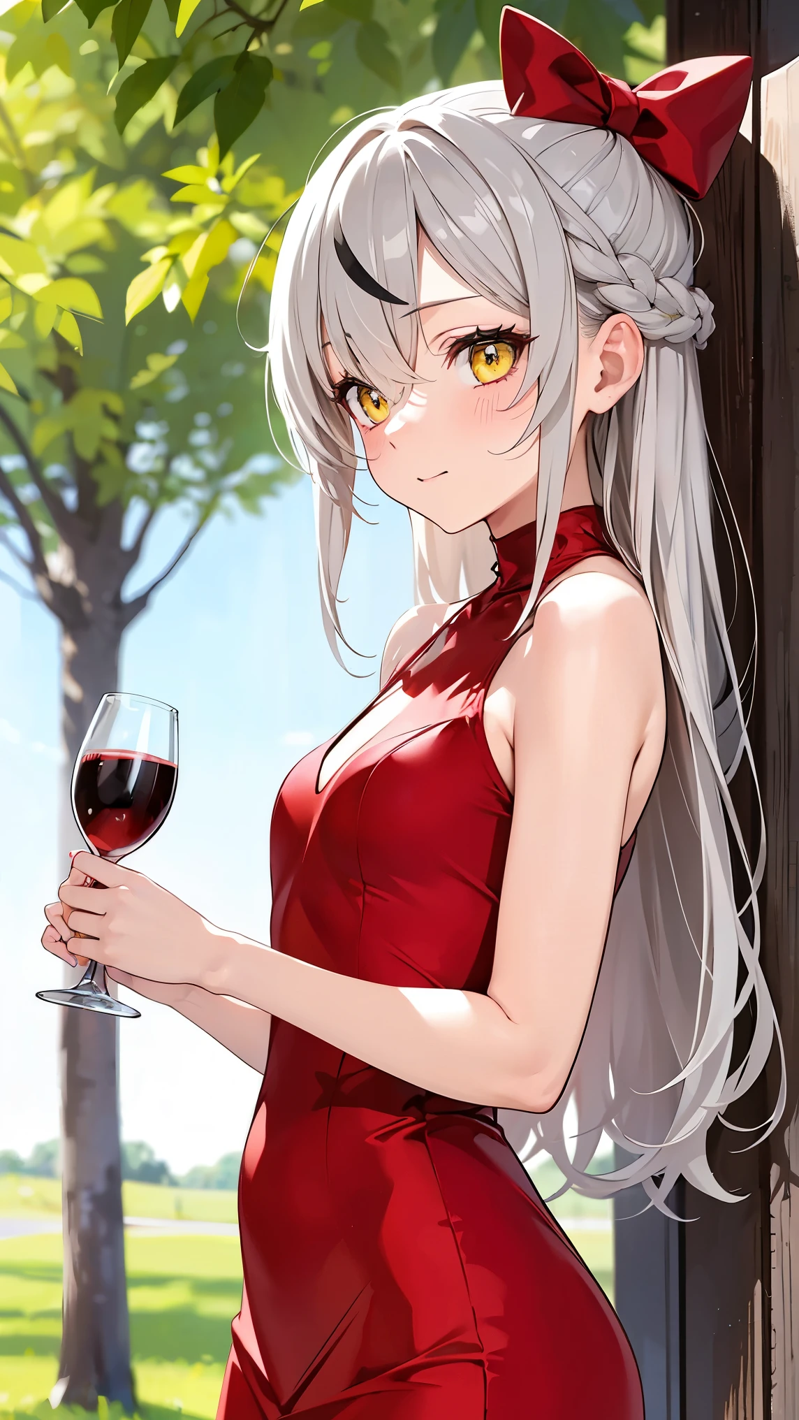 8K (high resolution) (Super Detailed) (masterpiece) (Highest Quality) Detailed eyes detailed faces with ofisu Detailed hands Delicate hair detailed wrinkles on clothes very elaborate body standing under a tree Fine Skin (solo) early yellow eyes (Grey Hair) Long hair One Tie bungs standing under a tree with a red ribbon on the side of the head (small ) Flushing cheeks Happy Expression Evening Gown party dress Drinking wine Banquet Hall see here composition from an oblique bottom