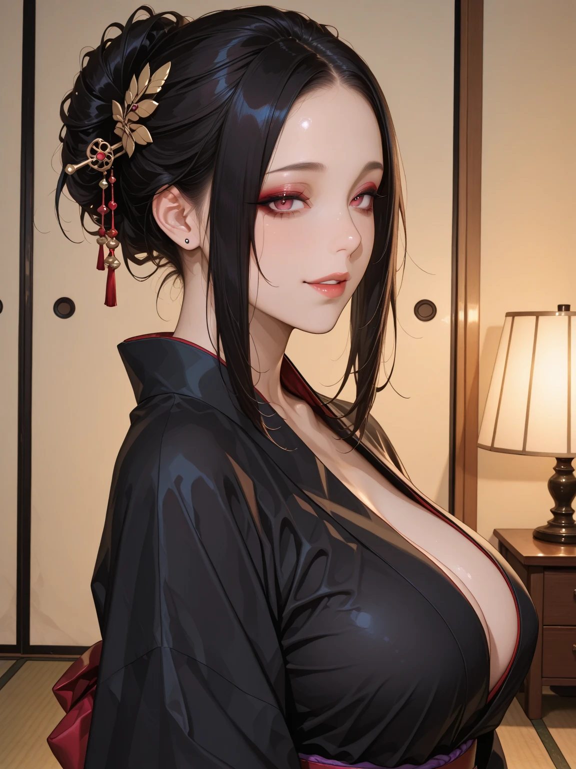 A beautiful young smurai girl wearing a black kimono, the kimono is slightly open to reveal her large, alluring breasts, a stunning, highly detailed, photorealistic masterpiece in 8K resolution, with fully detailed hands and fingers, full-body composition, holding a red katana, (best quality,8k,highres,masterpiece:1.2),ultra-detailed,(realistic,photorealistic,photo-realistic:1.37),1girl,beautiful detailed eyes,beautiful detailed lips,extremely detailed eyes and face,longeyelashes,red katana,black kimono,open kimono,large breasts,full body,detailed hands and fingers,studio lighting,vivid colors,digital painting,realistic
