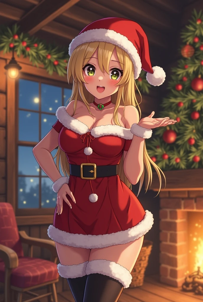 Front Focus, dark elf, 1girl, solo, Best Quality, dark elf santa costume, blonde hair, slim, smart, BREAK,{perfect face, perfect anatomy, intricate, {highly detailed}, {18years old},long hair, BREAK night, santa costume, santa hat, smirk, amber eyes, big breasts, shiny eyes, dark skin, lying on bed, navel, miniskirt,