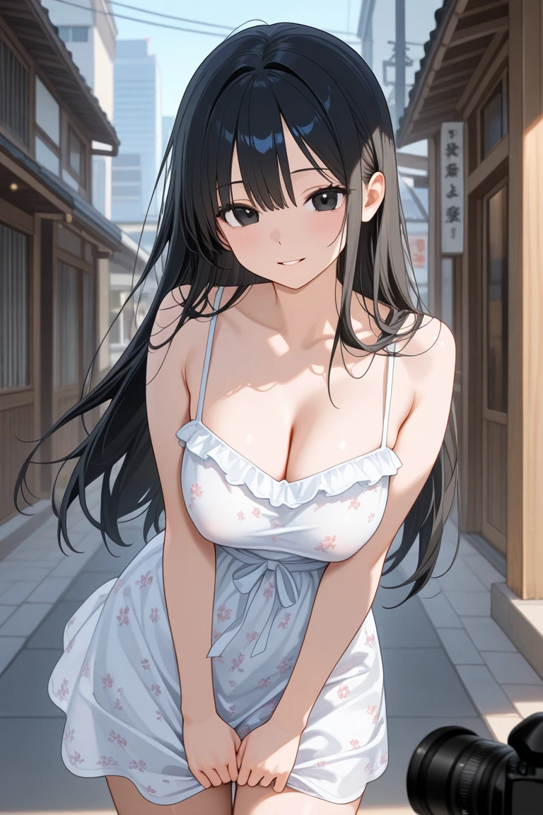 Two Girls, Running with each other, Sundress, Outdoor, summer, Smile of joy, A girl running from behind, Cleavage、Large Breasts、Long black hair