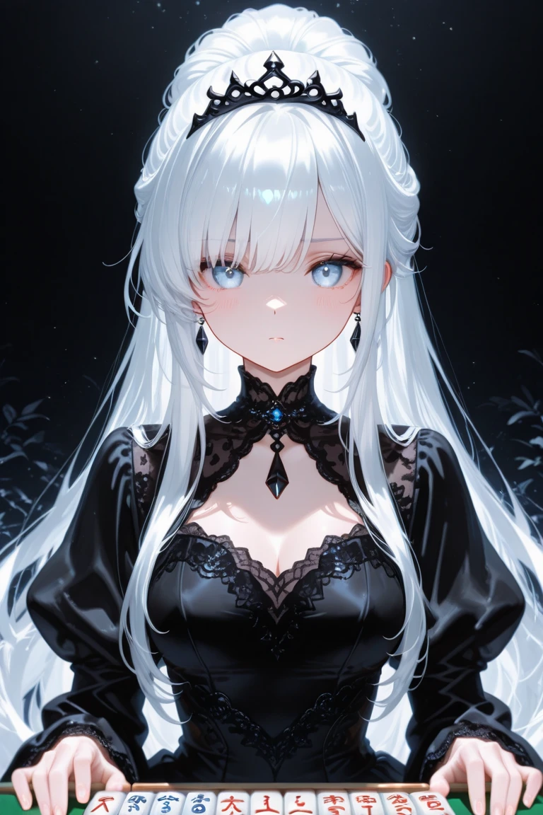 Queen white wolf woman, wearing a black queen dress with bows, has long, messy white hair, has red-orange eyes, has a big breast, has long big wolf ears and big long wolf tail, wears a queen's crown.