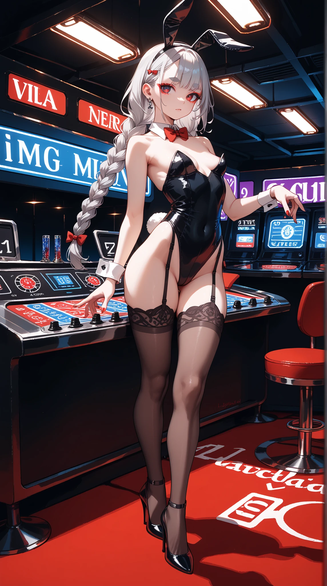 NSFW、artoria、Sabre Altria、a blond、Green eyes、Chignonhair、short-cut、adult lady、(masutepiece、of the highest quality、Best Quality、Beautiful CG,)Colossal tits、reallistic、Smile embarrassedly、Vegas Casinos、Ultra Micro Bikini、Navel costume、neck tie、tights、Sexy body、Erotic body、
