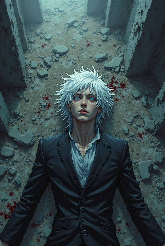(ANIME ART STYLE),Man lying on ground, wearing black tshirt, white hair, blue eyes, blood in mouth and face, daytime, rock ground, daytime